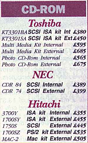 A small add demonstrating the high price of consumer CD drives in February 1993