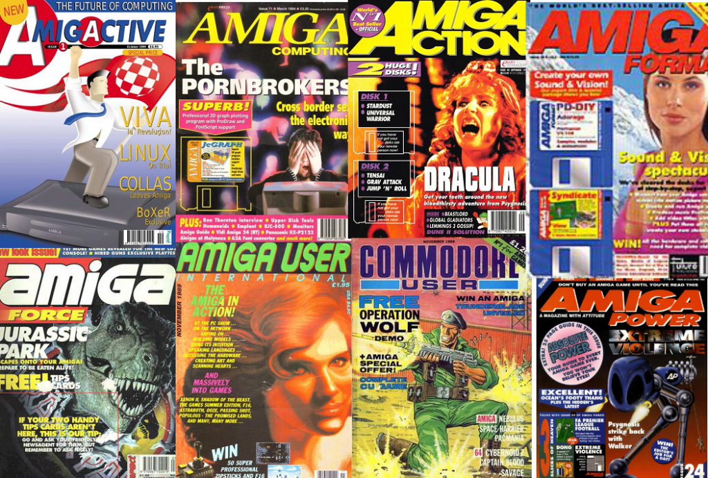 A composite image of eight Amiga magazinecovers