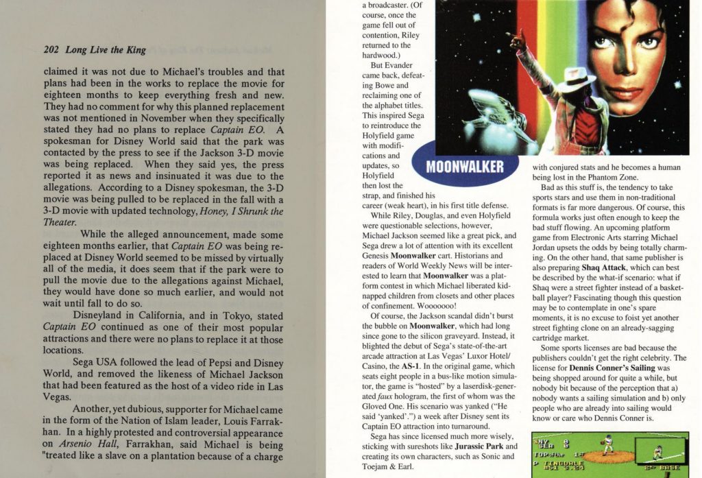 Composite image compining Page 202 of Michael Jackson: the kind of pop's darkeest hour with page 49 of the July 1994 issue of Electronic games. Both insist Sega had removed the ride film. 