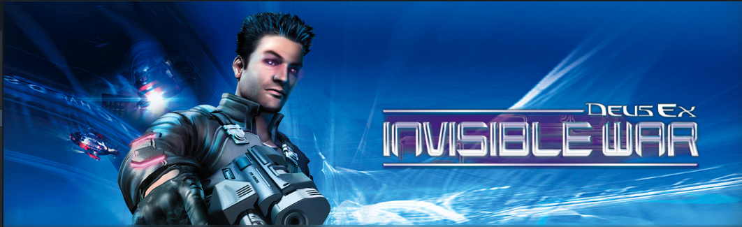 Deus Ex Invisible War Cover Art, featuring our potential male Alex pointing a gun at the audience against a blue background