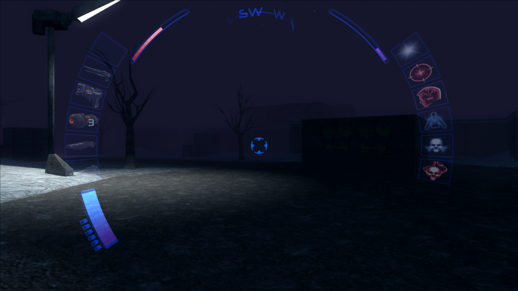 Dark Moody landscape, with an angular streetlight to the left, and square buildings emerging from the gloom. The play's items are arranged in a semi circular Hud over the top.