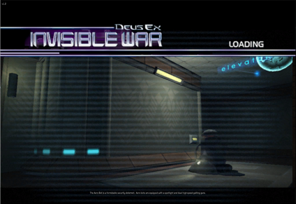 A loading screen. The games logo and a purple loading bar sit at the top, while the bulk of the screen features a screen shot from the game with a crt scanl-line like effect super imposed over the top. This screen shot is of a dumply cleaning robot in a hall way