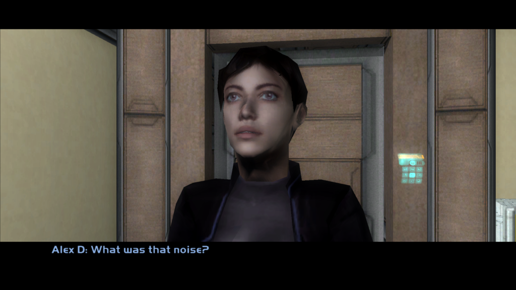 Dialogue - Alex D: What was that noise?  Our character is facing the camera against a brown doorway with glowing keypad. She has a purple jumpsuit, short hair and pixie-like features. Her head is more angular than you qould expect.