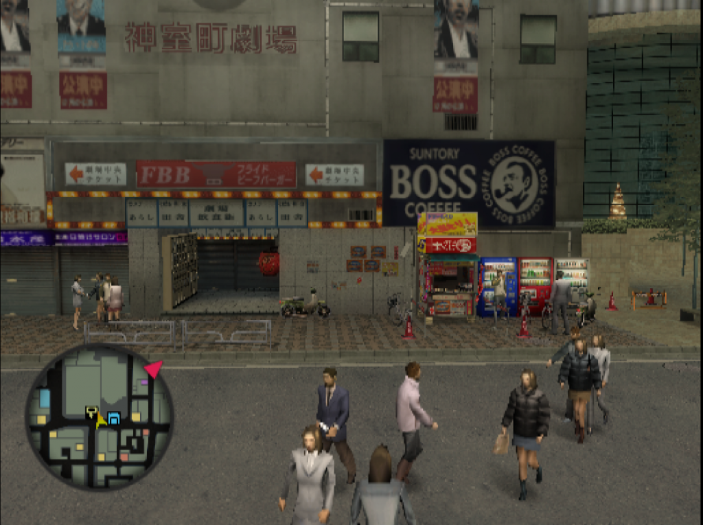 A Crowded street scene from the original PS2 Yakuza. The focus is on the scene rather than the player, who is a tiny figure in the background