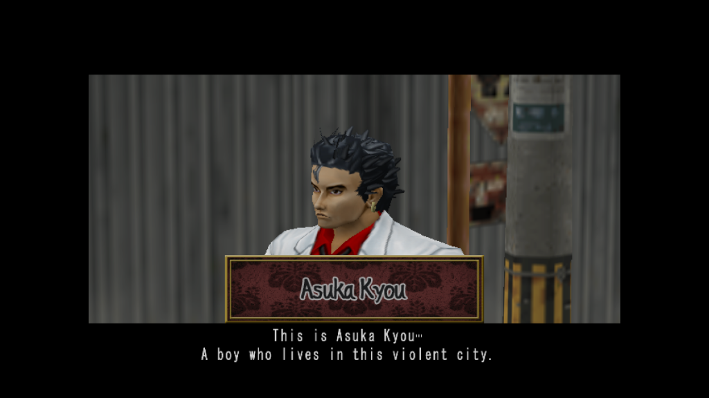 Yakuza Fury protangonist Asuka Kiryu,  A man with Spiky hair, red shirt and a white suit against a grey fence. The caption says 'This is Asuka Kyou, A boy who lives in theis violent city' 