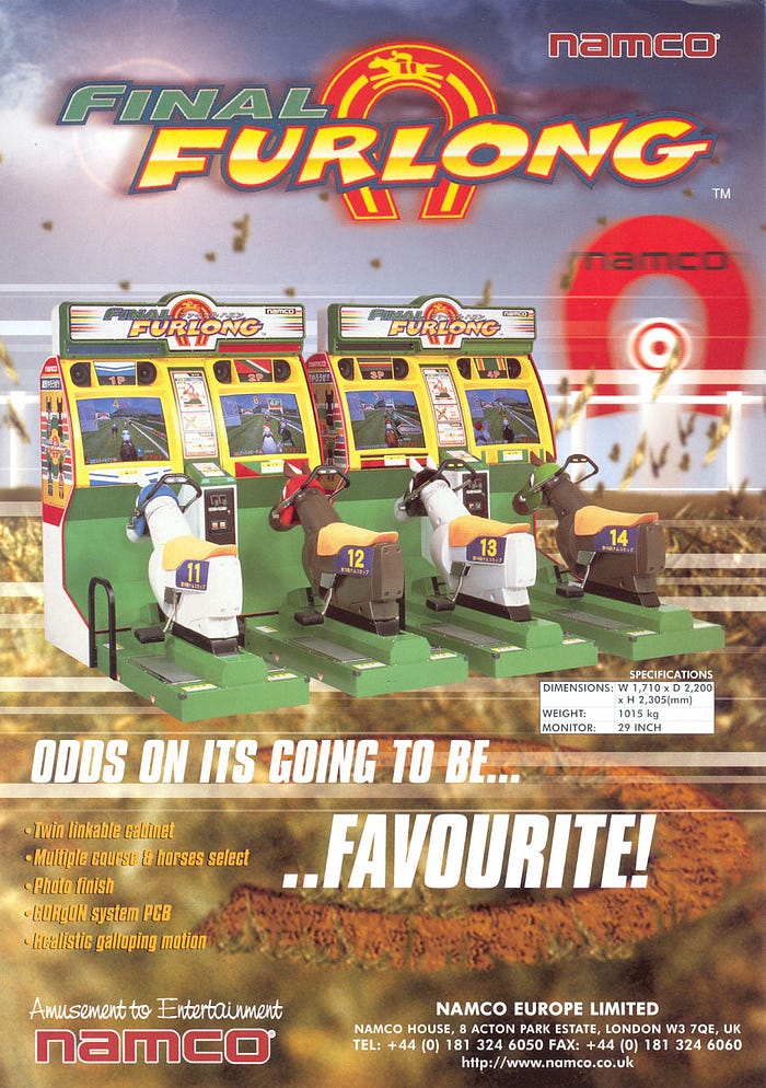 The flyer for Final furlong, featuring four gigantic plastic horses facing monitors in the machines distinctive yellow and green colour scheme, with the tag line ‘Oods on its going to be…’