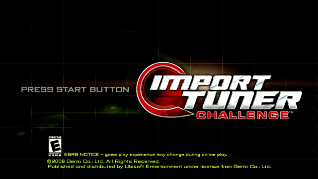 The import tuner title screen, featuring a a green grid style background and white and red text saying 'import tuner challenge'