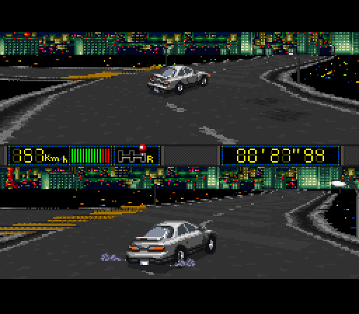A flat mode 7 cityscape with a grey saloon facing away from the camera and  drifting at a 45 degree angle.